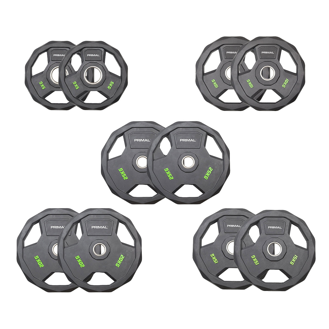A 150kg set of rubber olympic weight discs.