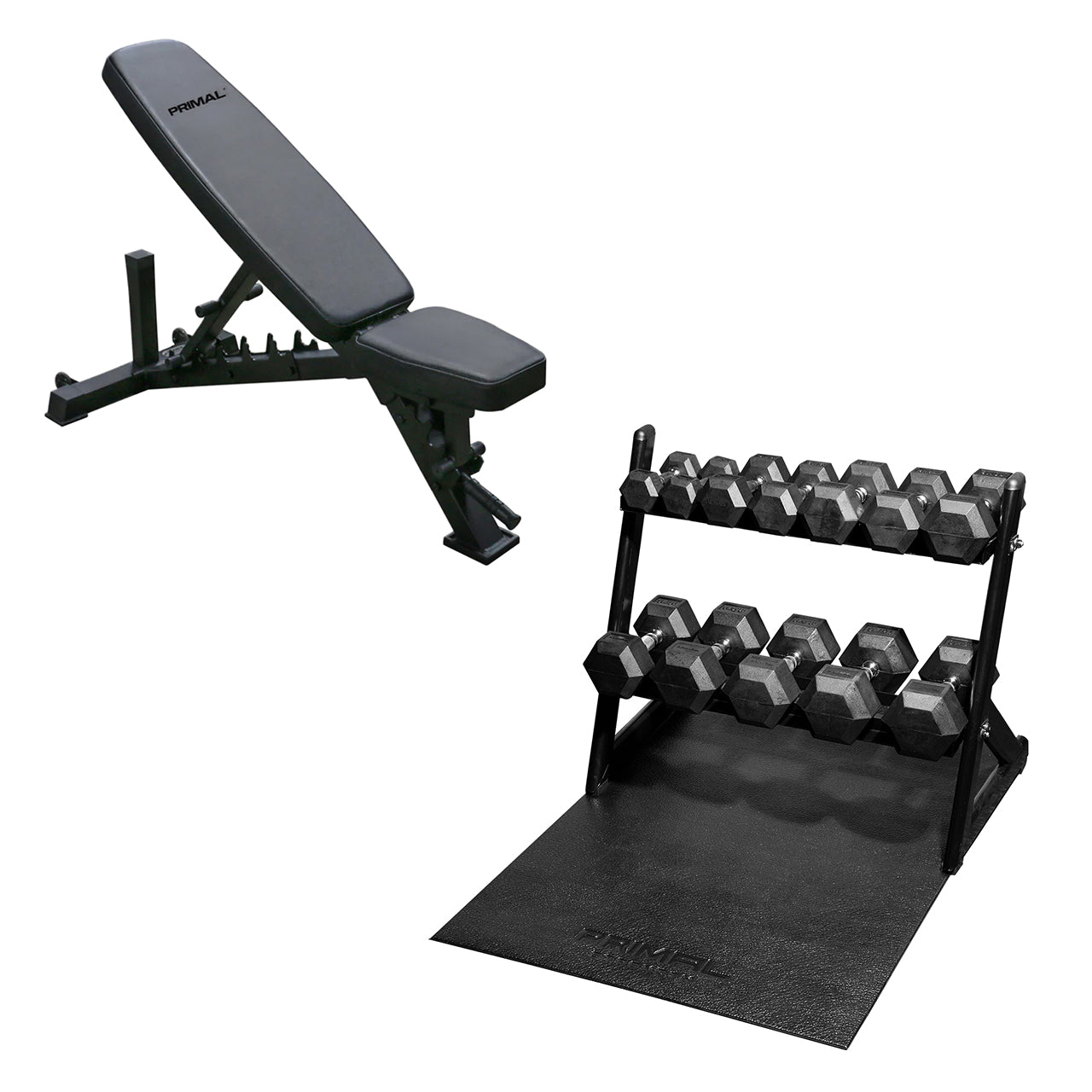 An adjustable weight bench and hex dumbbell set with rack & mat.