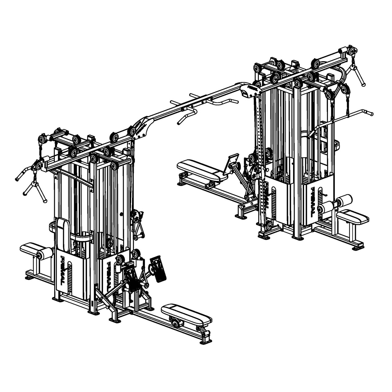 A technical drawing of an 8 station multi stack gym.