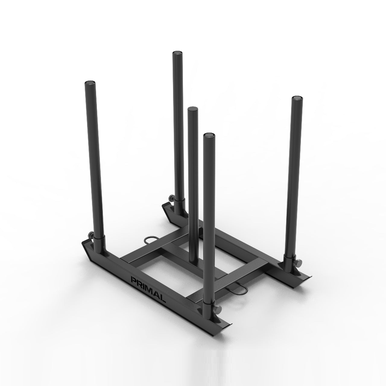 A black competition style gym sled with storage bullhorns.
