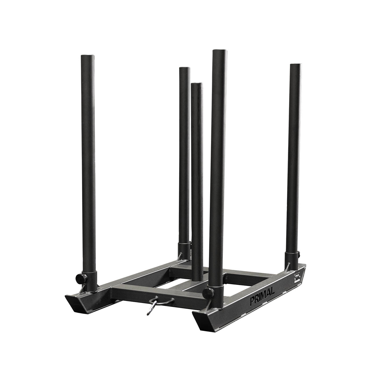 A black competition style gym sled with storage bullhorns.