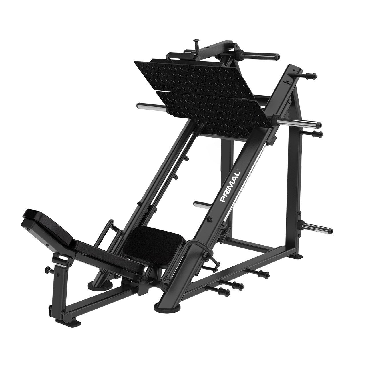 Angled view of a plate-loaded 45 degree leg press machine.