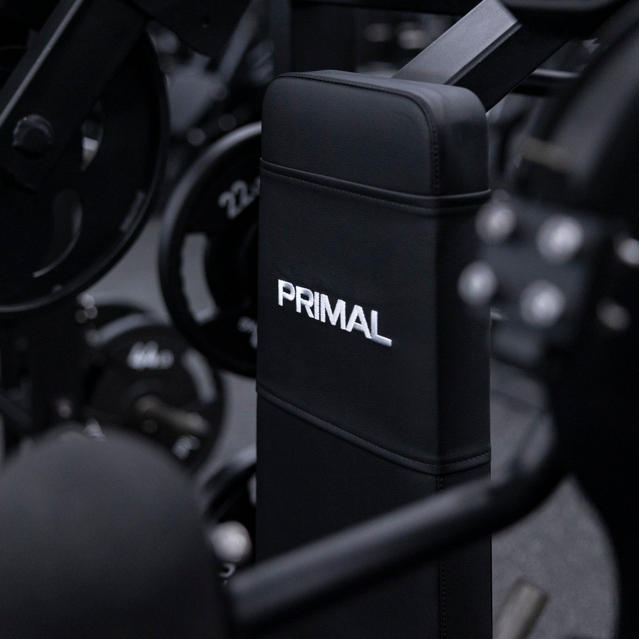 Close up view of Primal branding on the seat back of plate-loaded pullover machine.