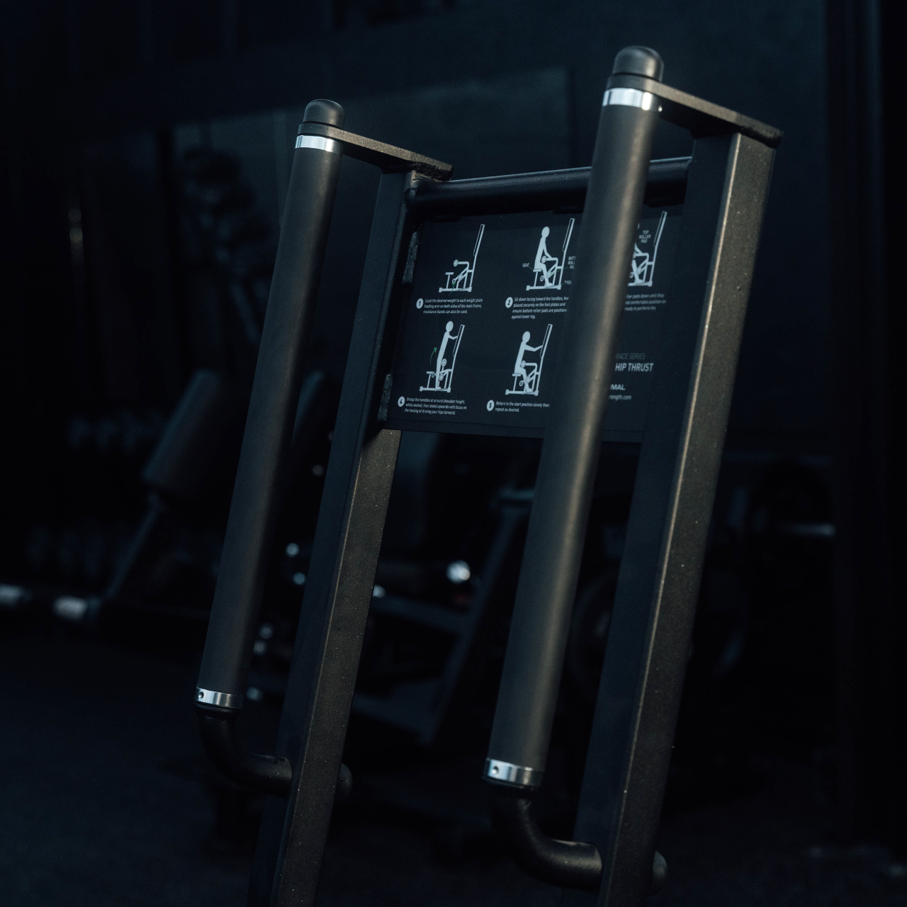 Instructional placard for plate-loaded standing hip thrust machine.