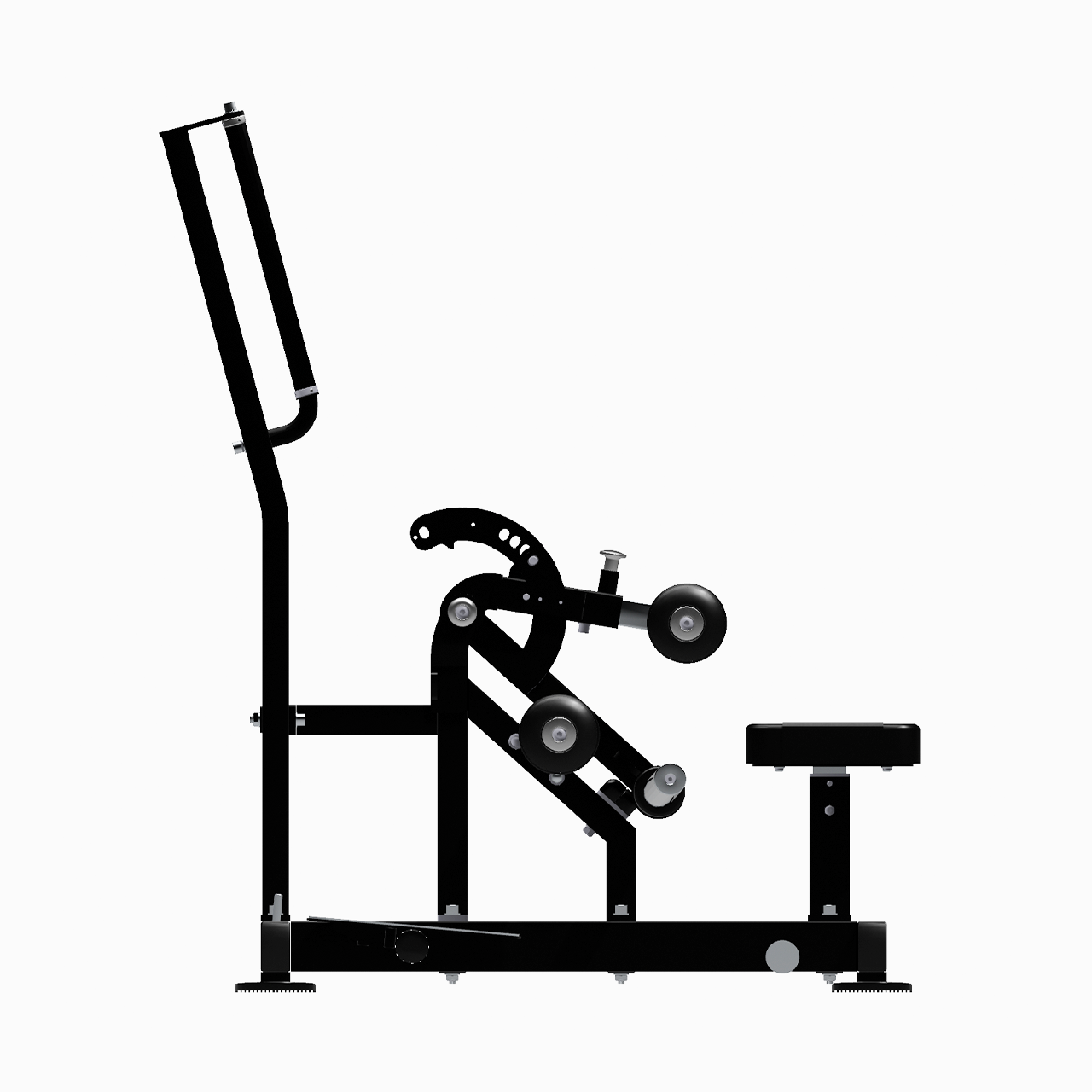 Side on view of plate-loaded standing hip thrust machine.