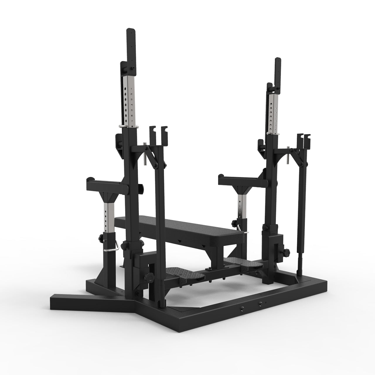 A bench press and squat weight bench, for powerlifting training.