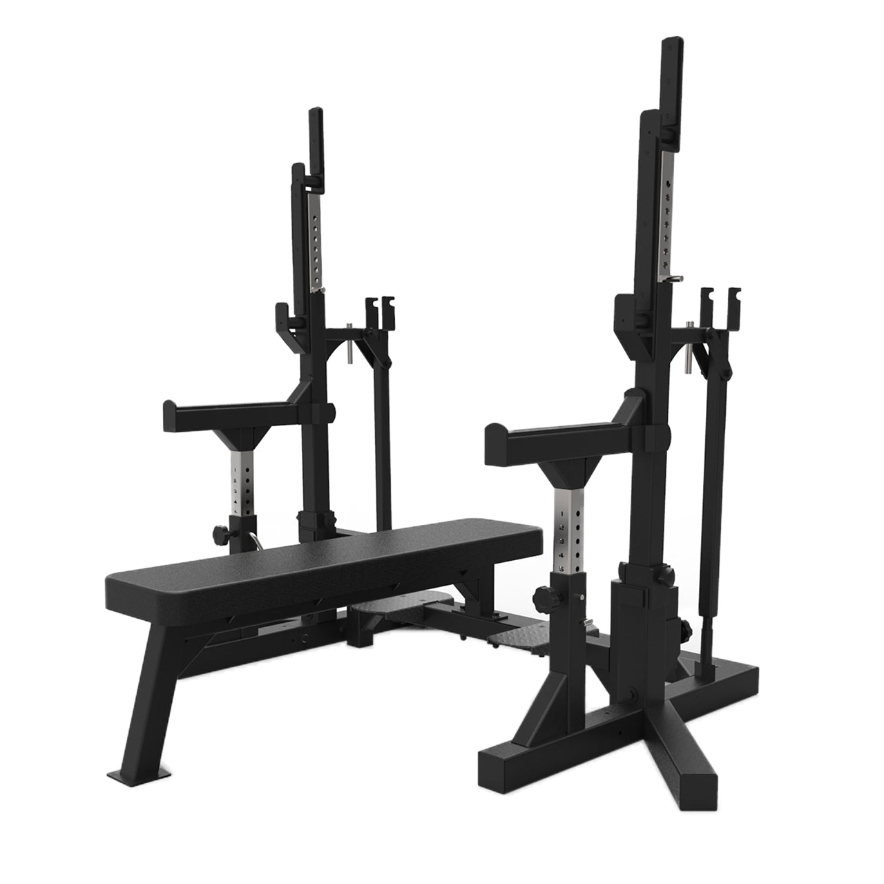 A bench press and squat weight bench, for powerlifting training.