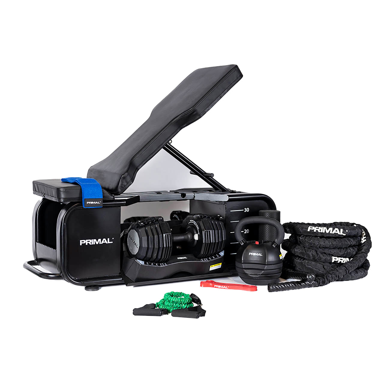 An all in one home gym package with adjustable gym bench, adjustable dumbbells & kettlebells, resistance band, glute band, powerband, battle rope and foam roller all included.