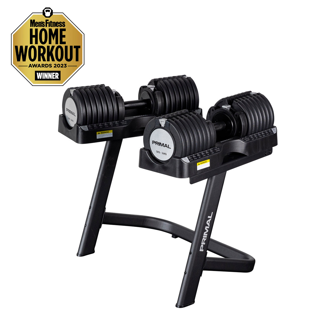 A 34kg pair of adjustable dumbbells placed on a storage stand.