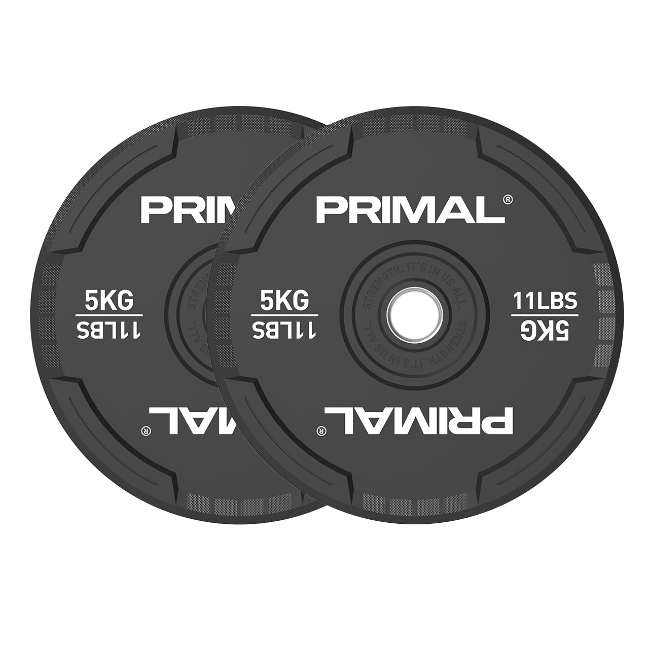 A pair of 5kg black rubber bumper plates.