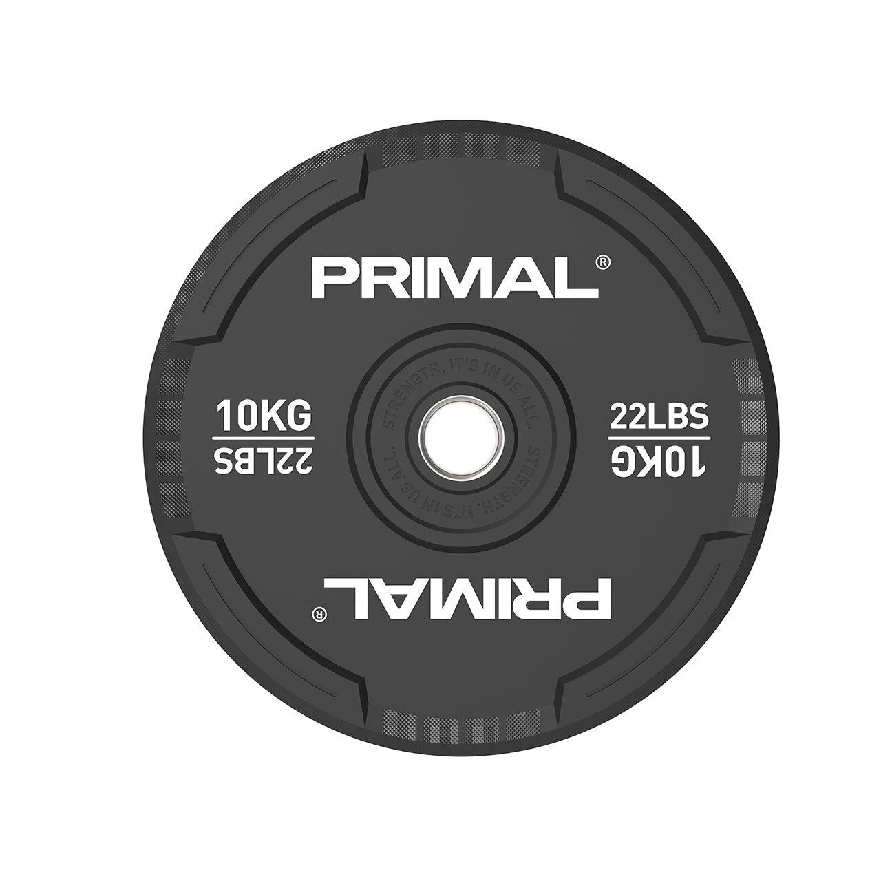 A 10kg single black rubber bumper plate with quad grip handles.