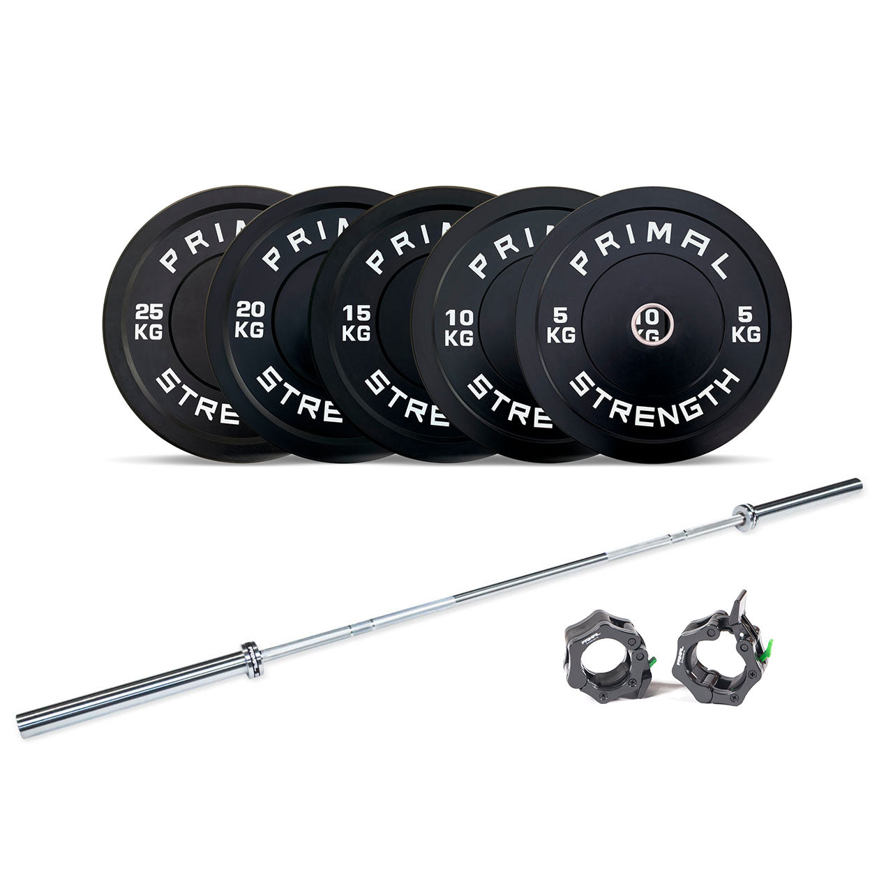 Primal Personal Series 150kg Black Bumper Package with 7ft 4 Needle Steel Bar and Collars
