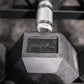 the embossed primal strength logo on a rubber hex dumbbell