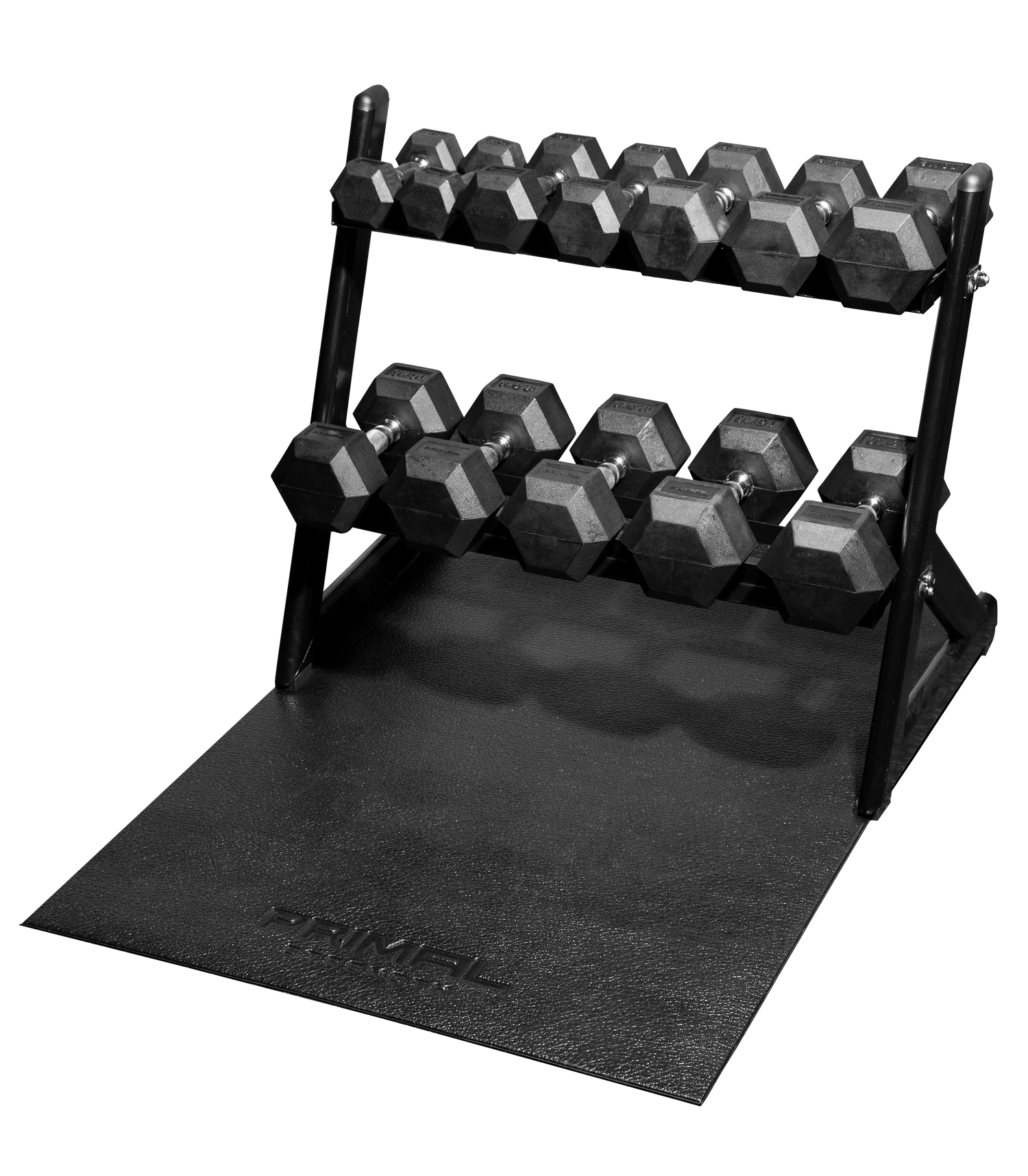 a full 2 tier small dumbbell rack on a black fitness mat