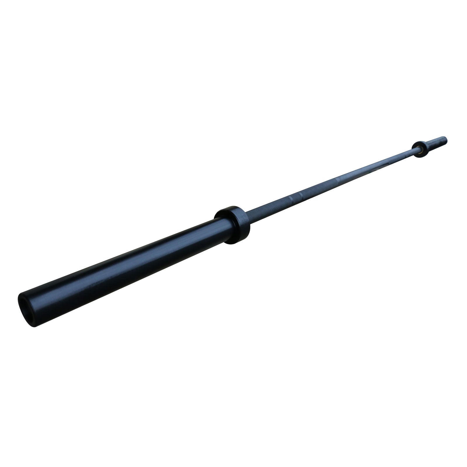 A 7ft black olympic barbell designed for home gyms.