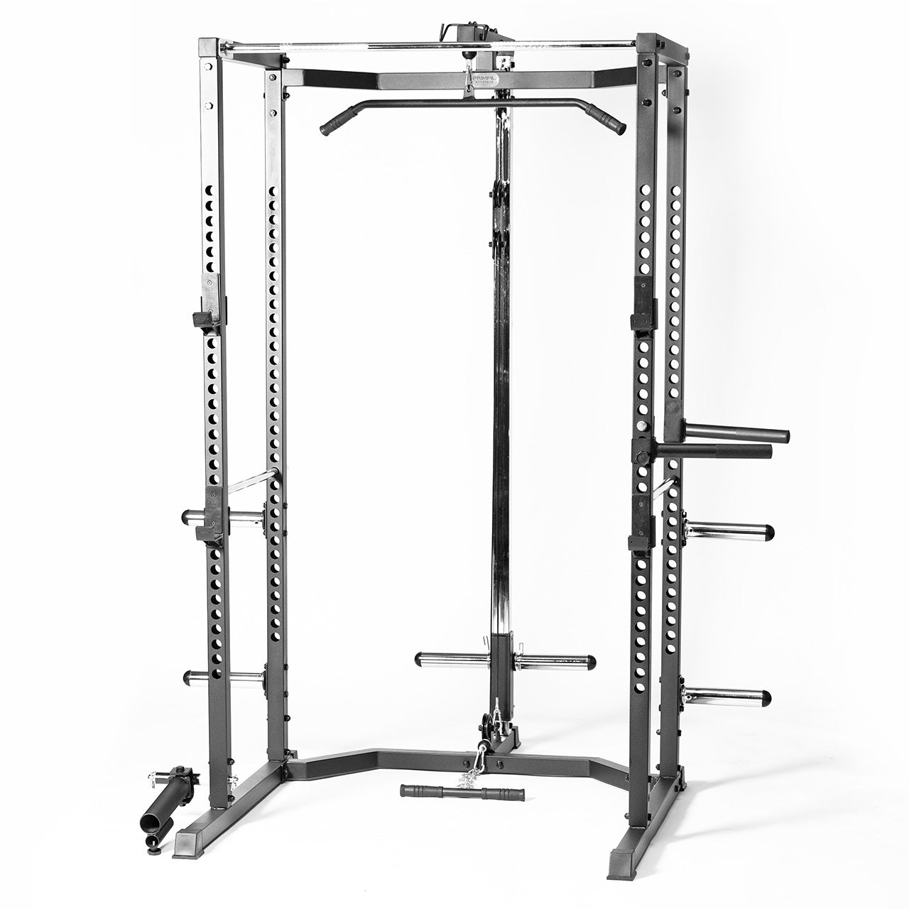 A home gym rack with dip and landmine attachments.