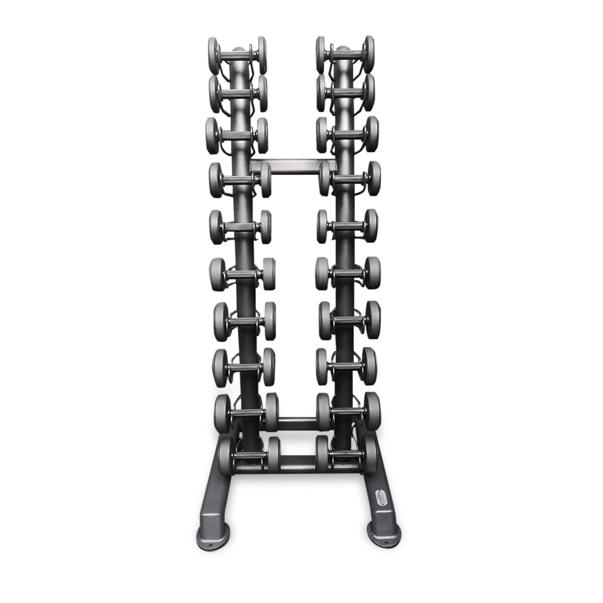 a vertical dumbbell rack with 10 pairs of dumbbells