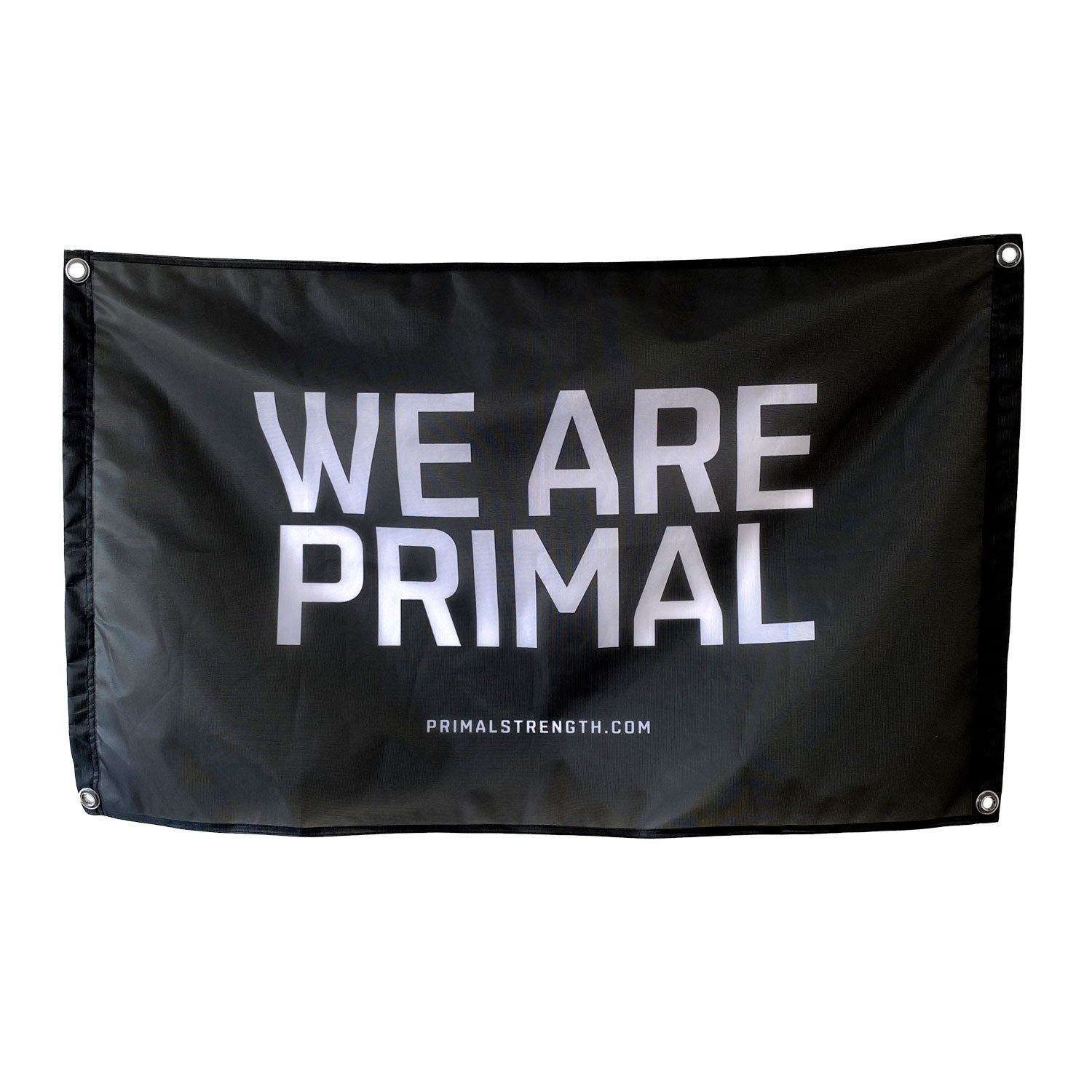 a black and white we are primal gym flag