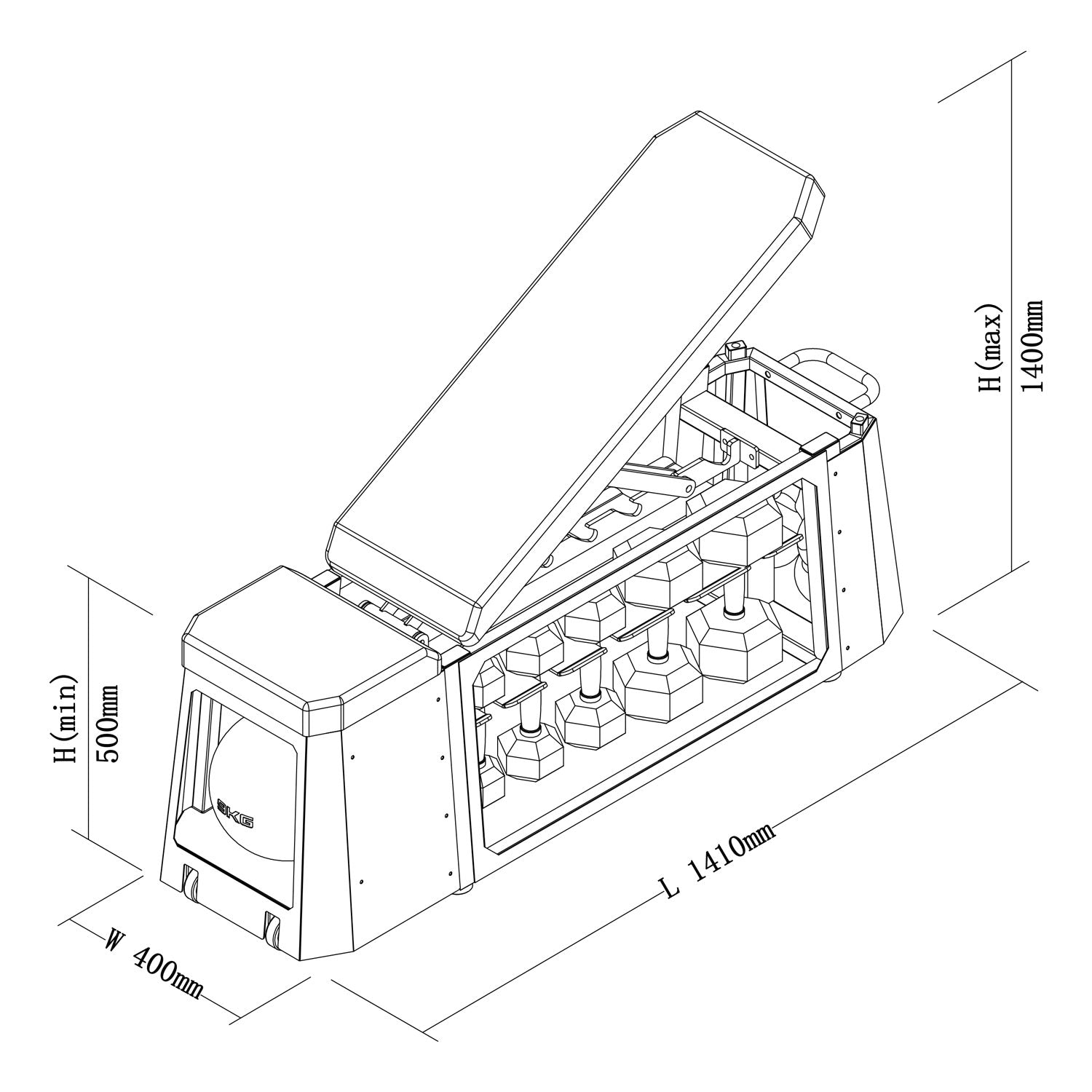 a diagram and dimensions of a adjustable bench with dumbbell storage
