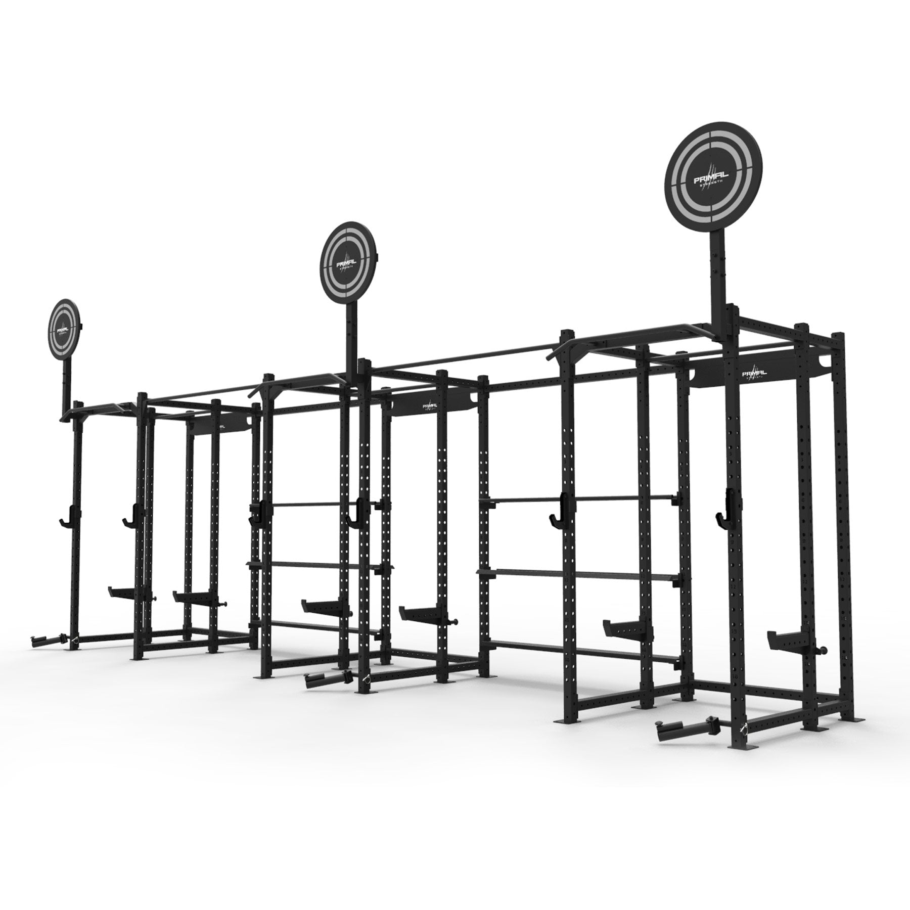 three group gym racks featuring storage and accessories for functional equipment