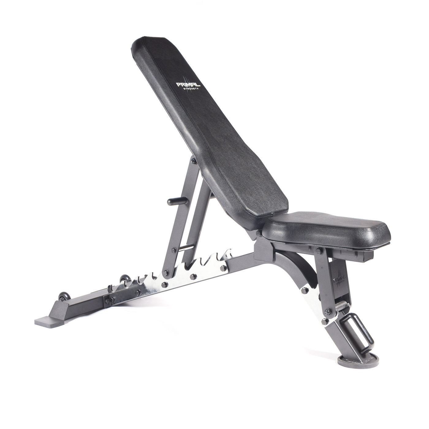 a black adjustable weight bench with chrome supports