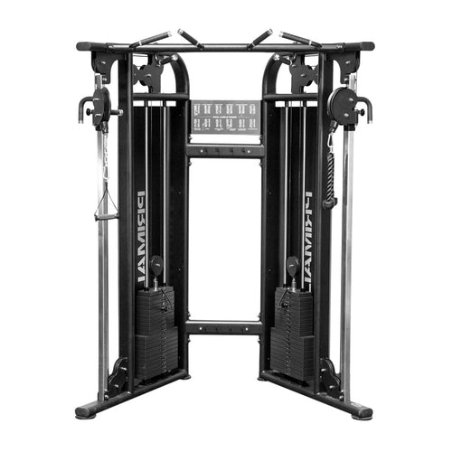 A black dual adjustable pulley system with 125kg weight stacks, laser cut stack guards, and metallic finish.