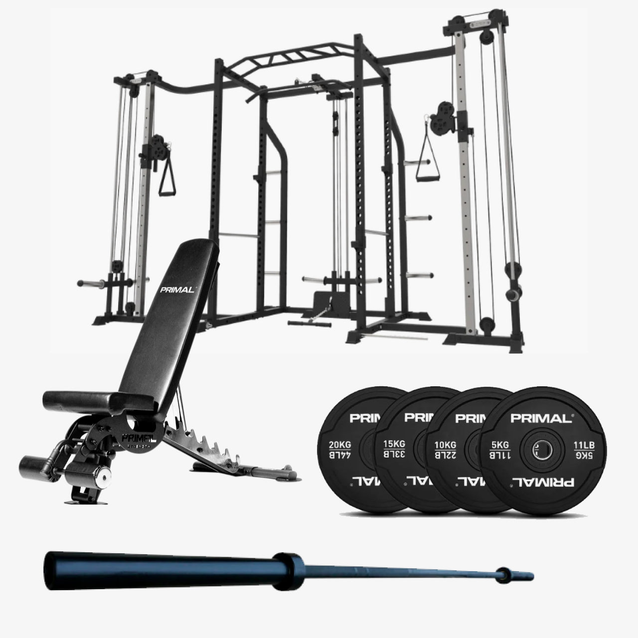 Primal Personal Series Ultimate Package with Cable Cross Lat Low, Bench and 120kg Bumper Set