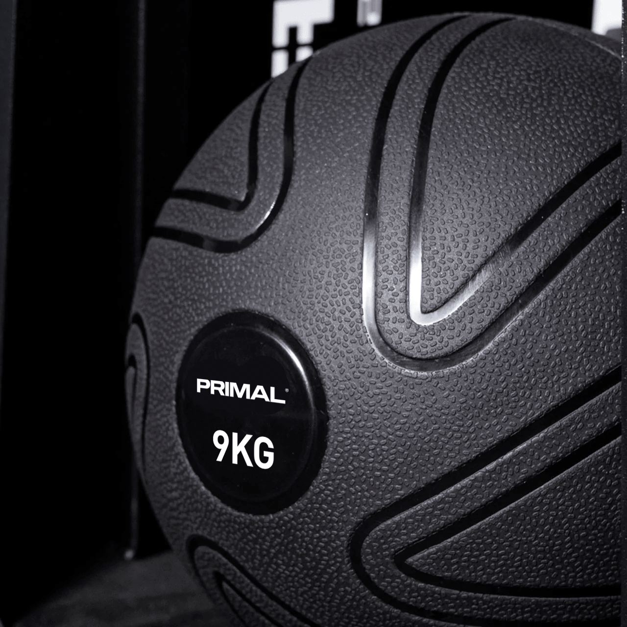 Black slam ball with 'Primal' branding and '9KG' marking on a dark background