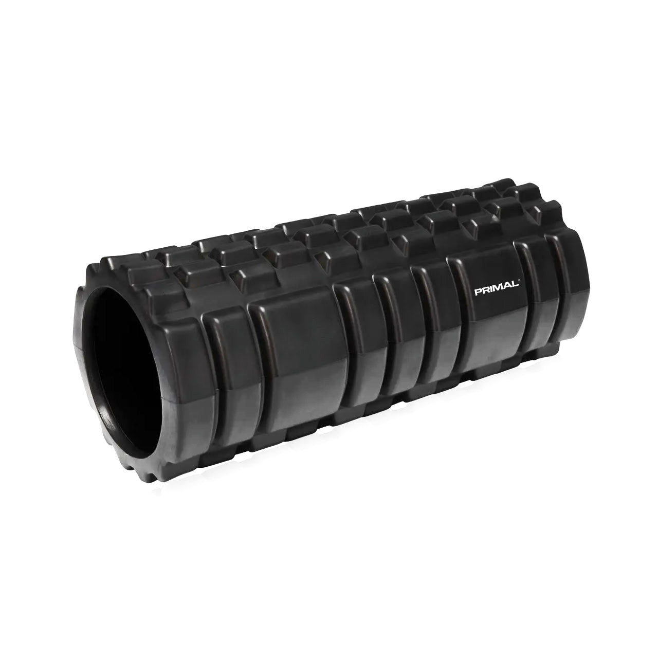 A black PVC foam roller.