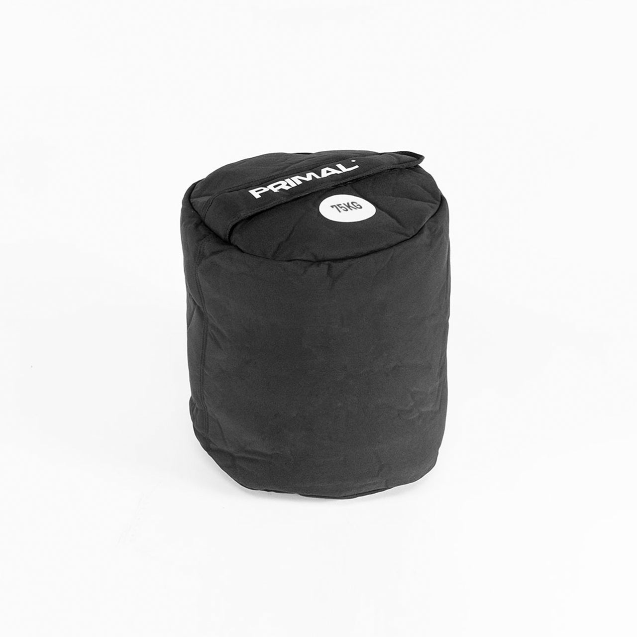 A 75kg black sandbag with handle for strongman workouts.