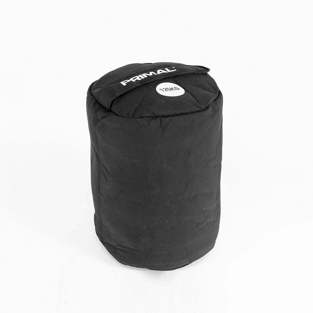 A 125kg black sandbag with handle for strongman workouts.