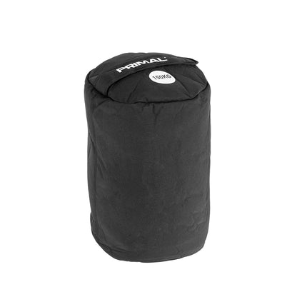 A 150kg black sandbag with handle for strongman workouts.