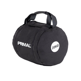 A 20kg black throwing bag for strongman training.