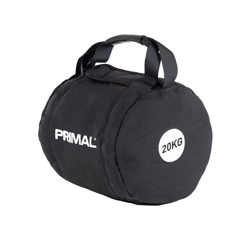 A 20kg black throwing bag for strongman training.