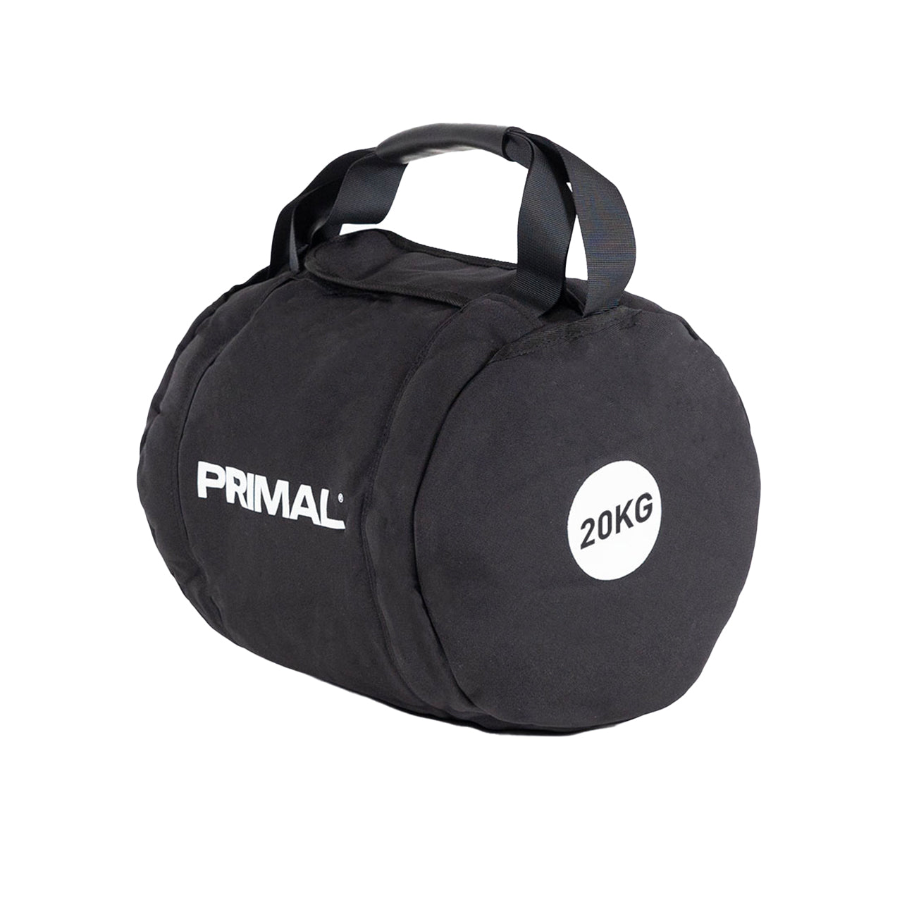 A 20kg black throwing bag for strongman training.