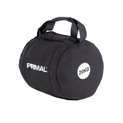 A 20kg black throwing bag for strongman training.
