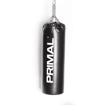 Black punching bag with 'Primal' branding on a white background