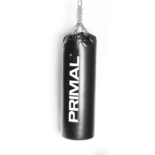 Black punching bag with 'Primal' branding on a white background