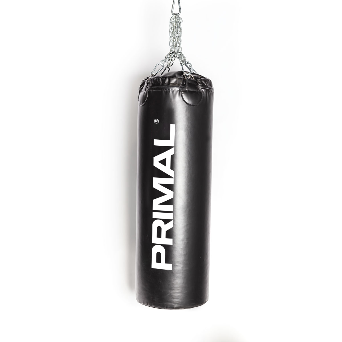 Black punching bag with 'Primal' branding on a white background