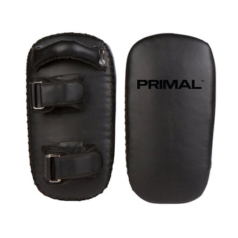Black leather Thai kick pads with secure grips & straps.