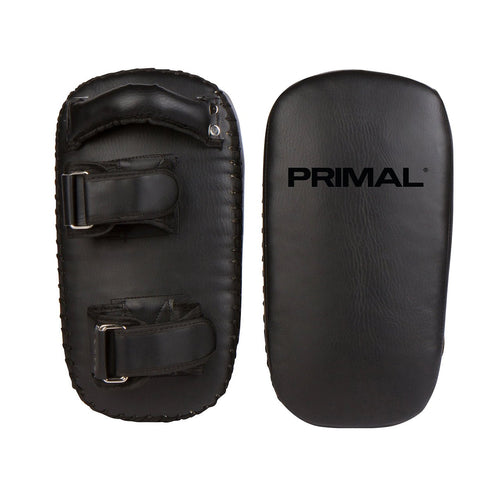Black leather Thai kick pads with secure grips & straps.