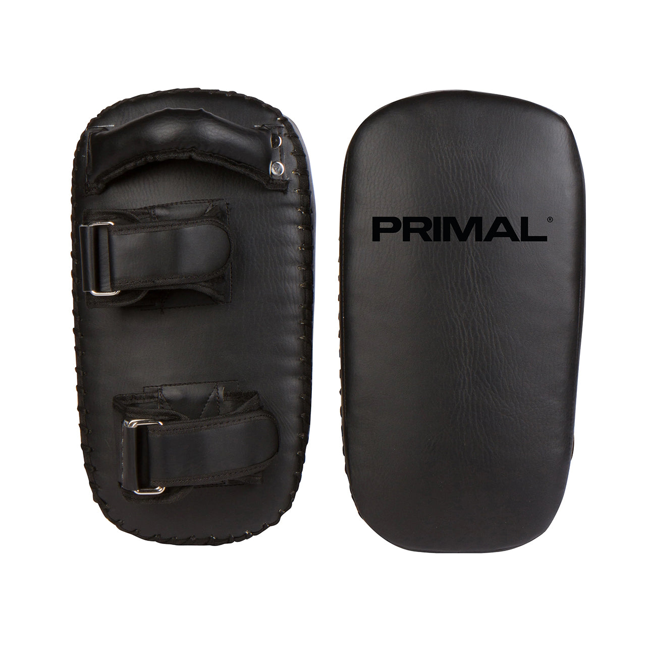 Black leather Thai kick pads with secure grips & straps.