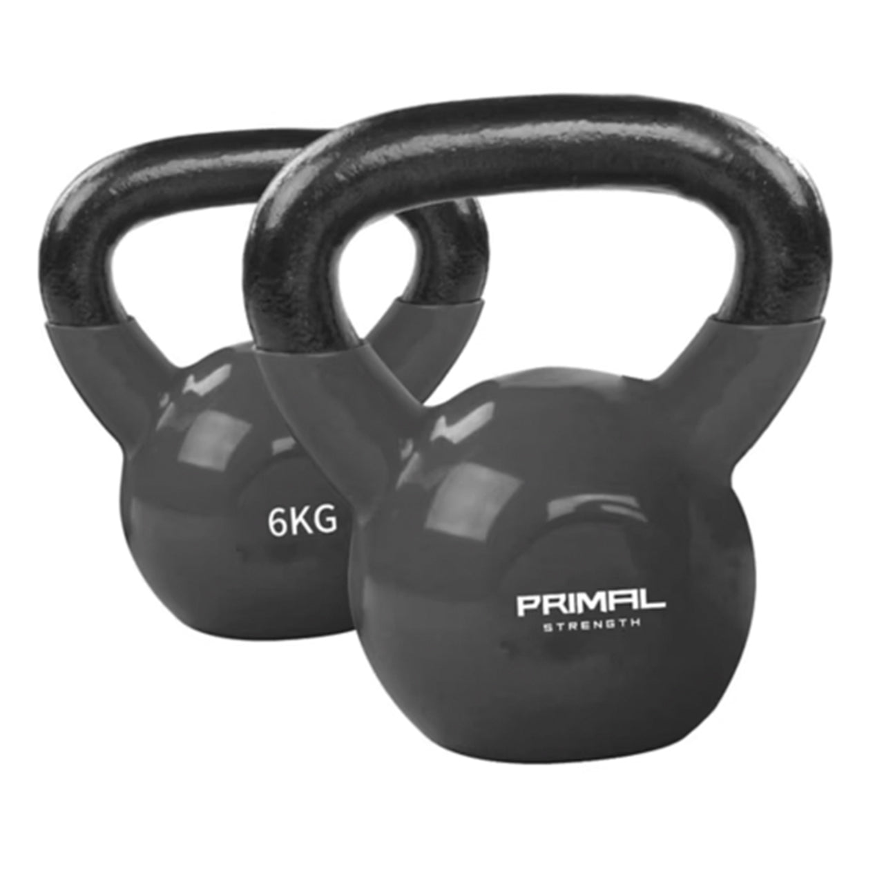 Two black kettlebells with 'Primal Strength' branding on a white background