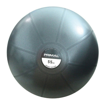A grey stability exercise ball on a white background.