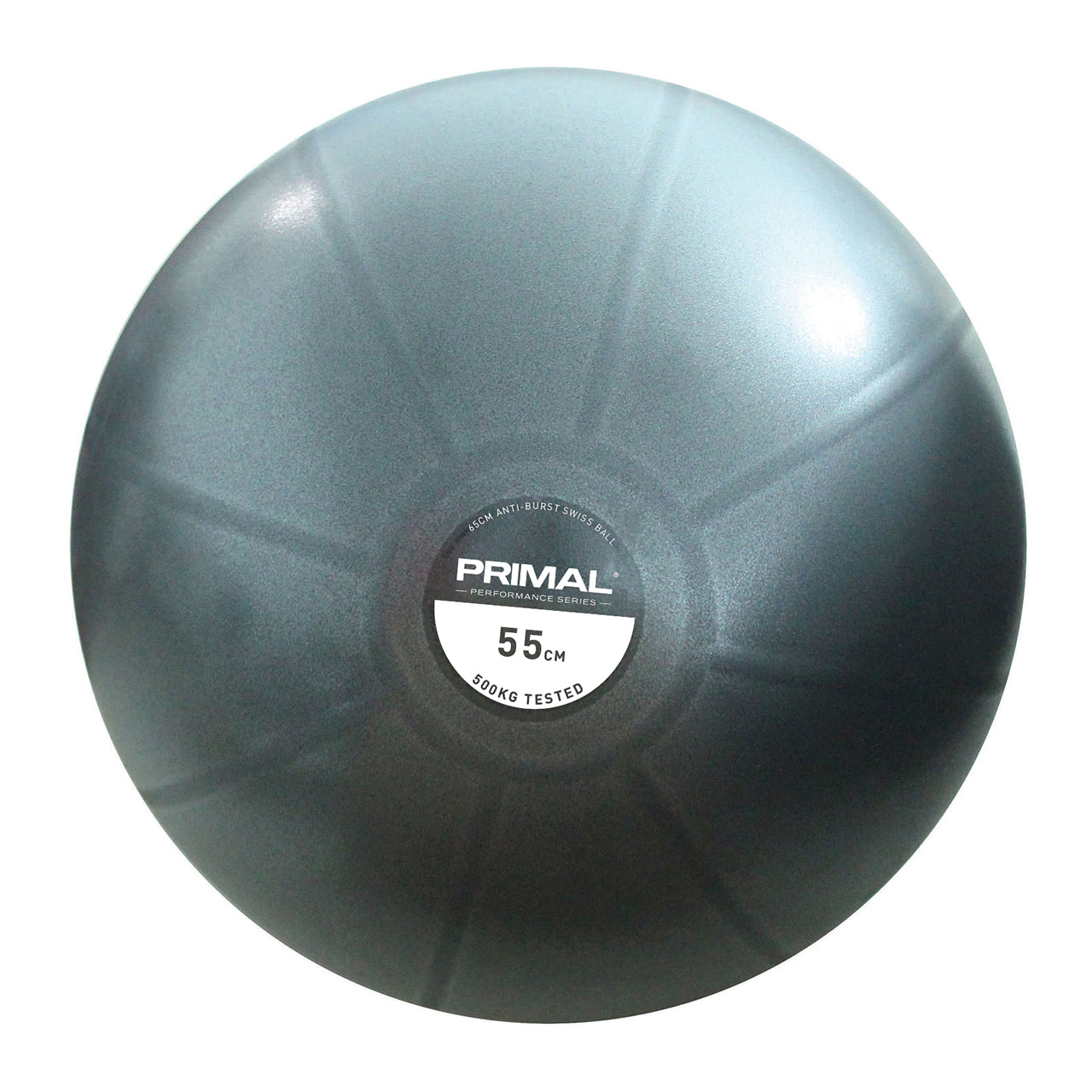 A grey stability exercise ball on a white background.