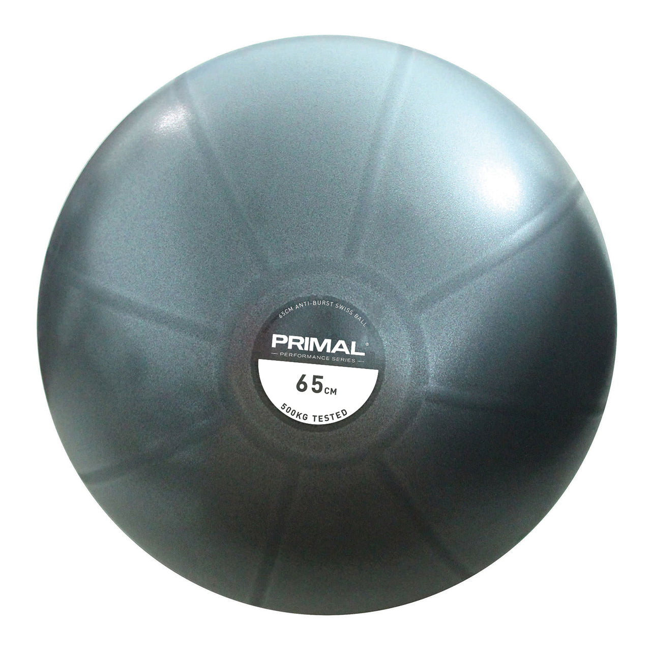 A grey stability exercise ball on a white background.