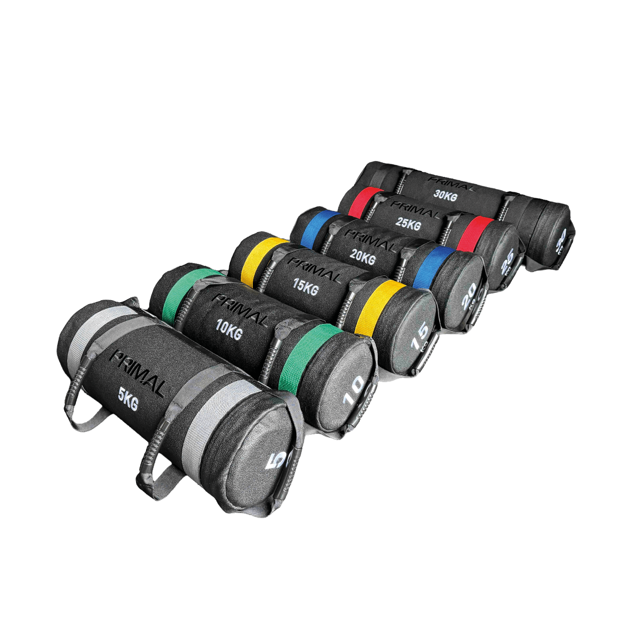 A group image of colour coded sandbags with handles.