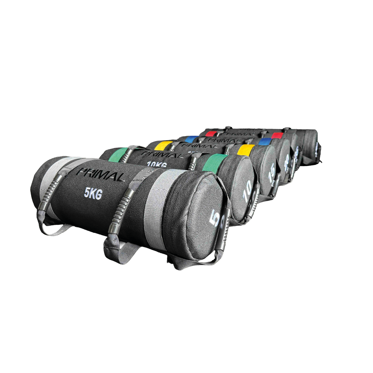 A group image of colour coded sandbags with handles.