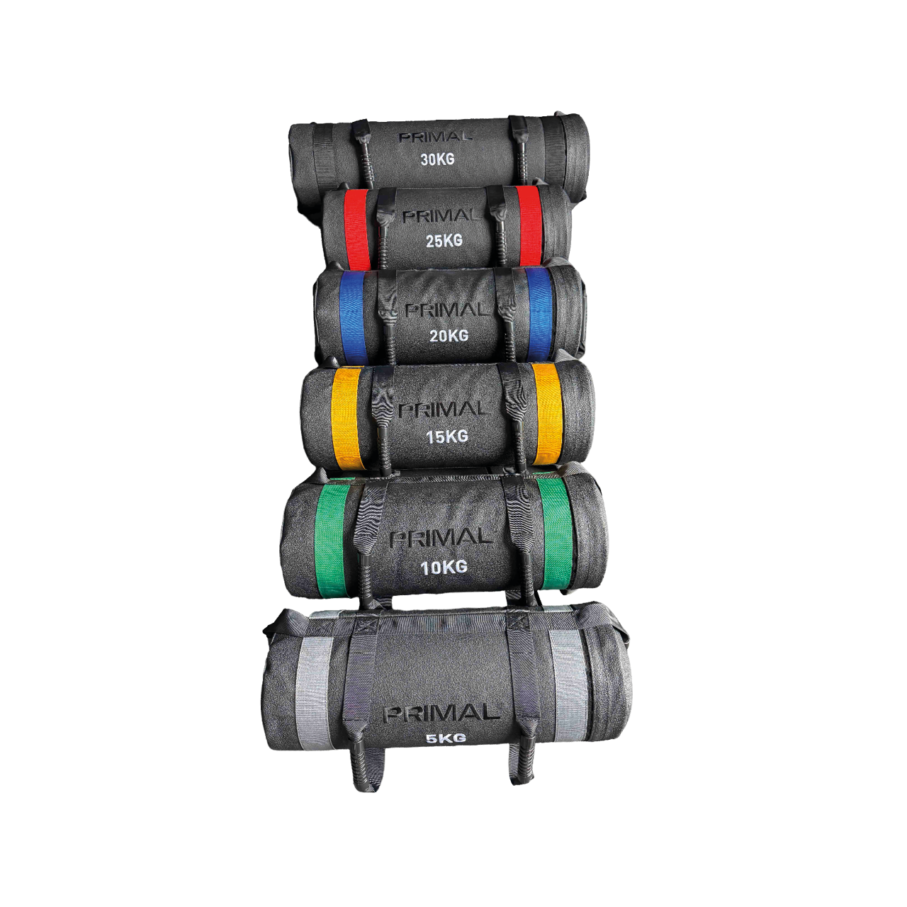 An aerial image of colour coded sandbags with handles.