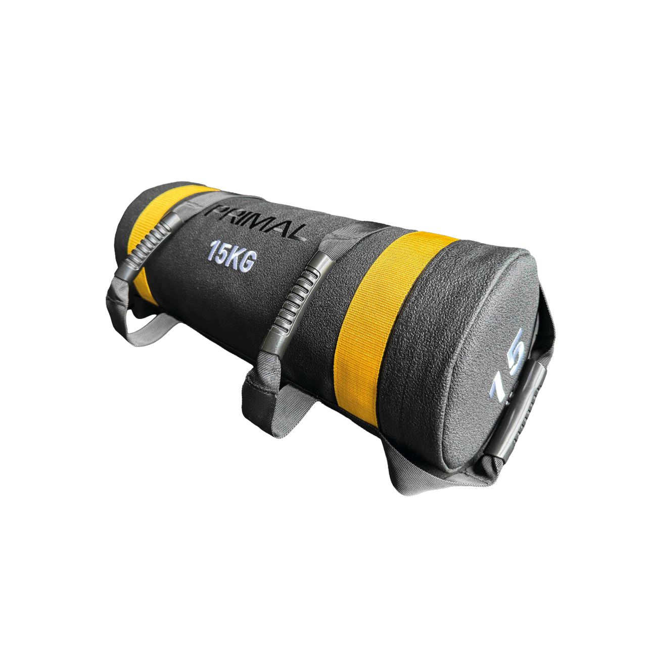 A black and yellow 15kg sandbag with handles.
